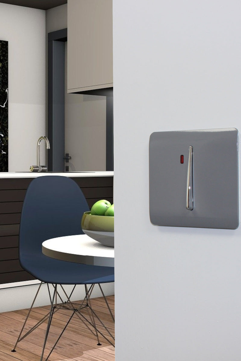 Trendi, Artistic Modern 45 Amp Neon Insert Double Pole Switch Warm Grey Finish, BRITISH MADE, (35mm Back Box Required), 5yrs Warranty • ART-WHS2WG