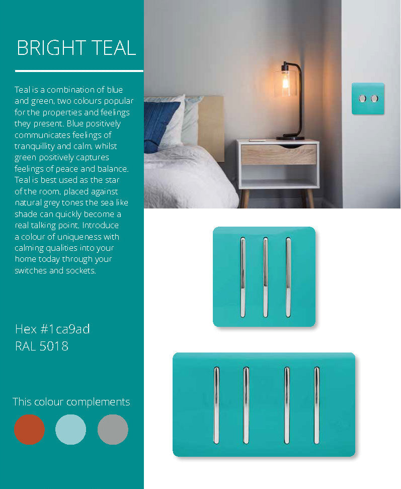 Trendi, Artistic Modern 4 Gang (4xIntermediate) 10 Amp Rocker Bright Teal Finish, BRITISH MADE, (25mm Back Box Required), 5yrs Warranty • ART-SS9999BT