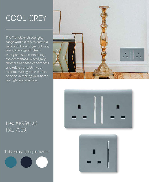 Trendi, Artistic Modern 45 Amp Neon Insert Double Pole Switch Cool Grey Finish, BRITISH MADE, (35mm Back Box Required), 5yrs Warranty • ART-WHS2CG