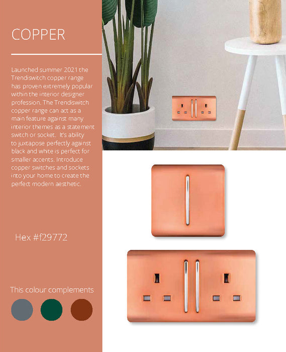 Trendi, Artistic Modern 20 Amp Neon Insert Double Pole Switch Copper Finish, BRITISH MADE, (25mm Back Box Required), 5yrs Warranty • ART-WHS1CPR