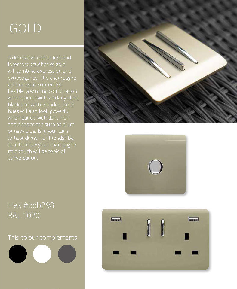 Trendi, Artistic Modern 1 Gang 13Amp Switched Socket Champagne Gold Finish, BRITISH MADE, (25mm Back Box Required), 5yrs Warranty • ART-SKT13GO