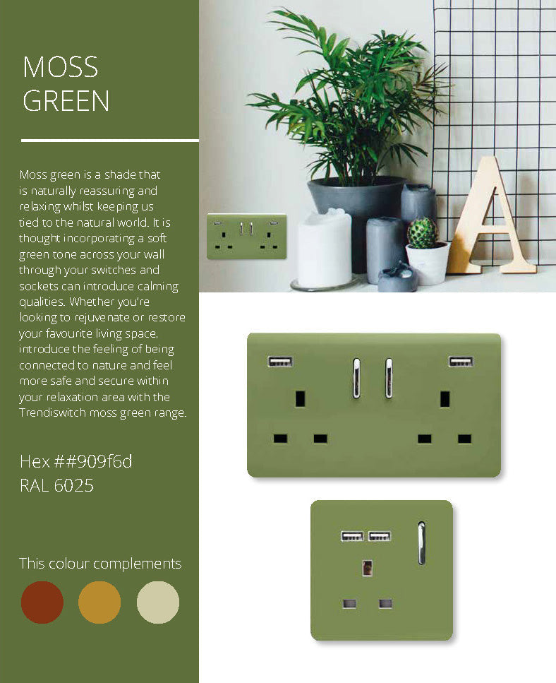 Trendi, Artistic Modern 2 Gang Intermediate 10 Amp Rocker Moss Green Finish, BRITISH MADE, (25mm Back Box Required), 5yrs Warranty • ART-SS99MG