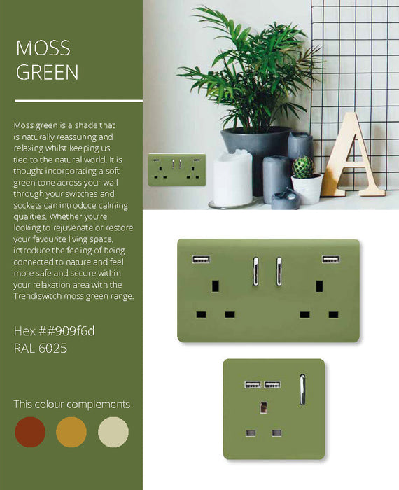 Trendi, Artistic Modern Switch Fused Spur 13A With Flex Outlet Moss Green Finish, BRITISH MADE, (35mm Back Box Required), 5yrs Warranty • ART-FSMG