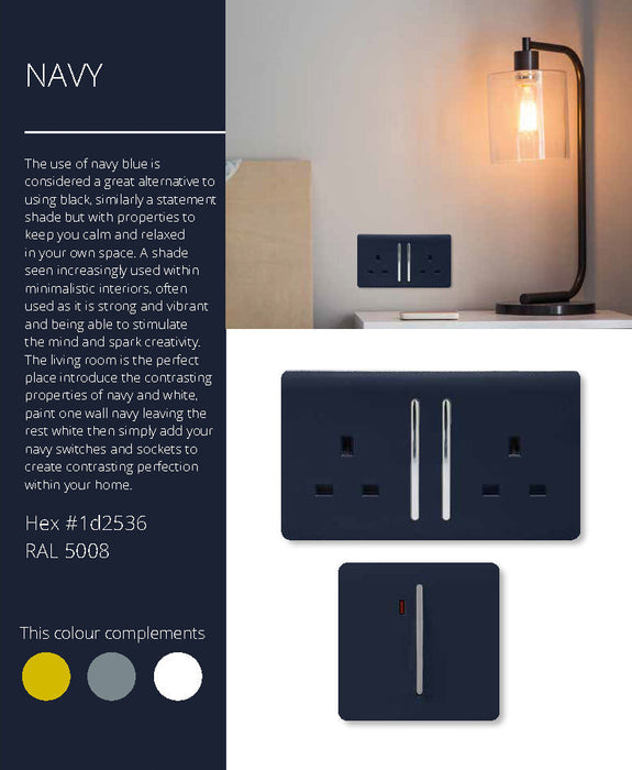 Trendi, Artistic Modern 20 Amp Neon Insert Double Pole Switch Navy Blue Finish, BRITISH MADE, (25mm Back Box Required), 5yrs Warranty • ART-WHS1NV