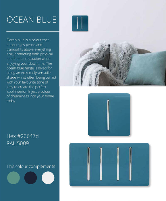 Trendi, Artistic Modern 1 Gang 3 Way Intermediate Ocean Blue Finish, BRITISH MADE, (25mm Back Box Required), 5yrs Warranty • ART-SS9OB