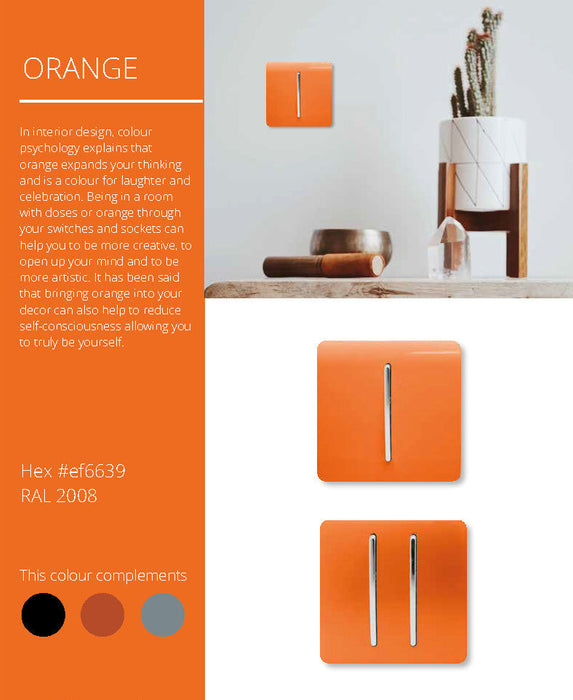Trendi, Artistic Modern 20 Amp Neon Insert Double Pole Switch Orange Finish, BRITISH MADE, (25mm Back Box Required), 5yrs Warranty • ART-WHS1OR