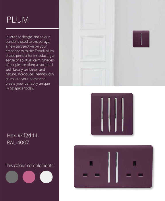 Trendi, Artistic Modern 1 Gang 13Amp Switched Socket Plum Finish, BRITISH MADE, (25mm Back Box Required), 5yrs Warranty • ART-SKT13PL