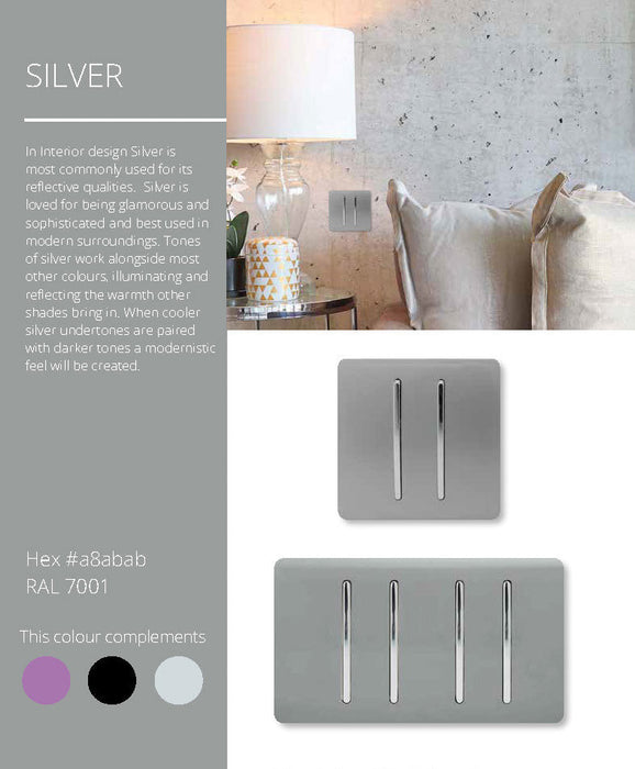 Trendi, Artistic Modern 2 Gang 13Amp Long Switched Double Socket Silver Finish, BRITISH MADE, (25mm Back Box Required), 5yrs Warranty • ART-SKT213LSI