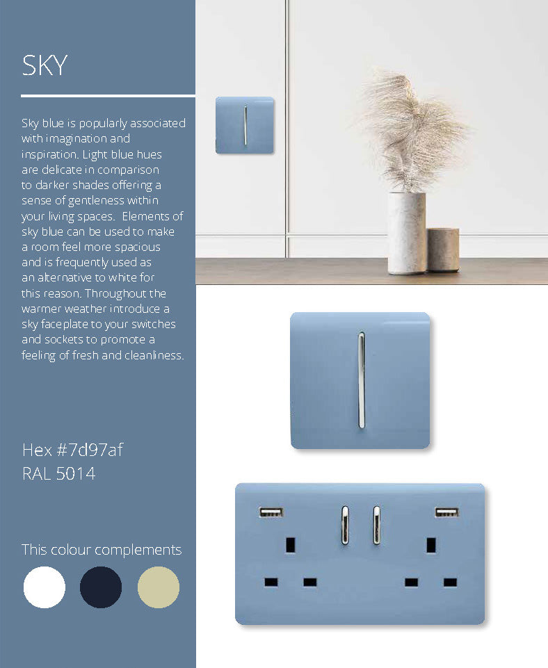 Trendi, Artistic Modern 45 Amp Neon Insert Double Pole Switch Sky Finish, BRITISH MADE, (35mm Back Box Required), 5yrs Warranty • ART-WHS2SK