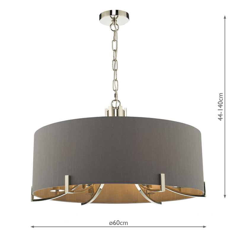 Dar Lighting Veyron 6 Light Pendant Polished Nickel With Grey Shade • VEY0639
