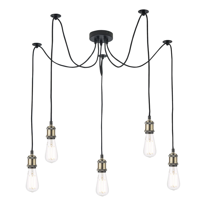 Dar Lighting Waco 5 Light Pendant Antique Brass Matt Black • WAC0575
