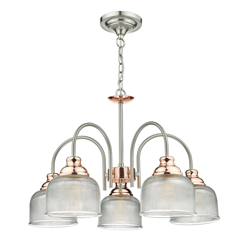 Dar Lighting Wharfdale 5lt Pendant Satin Chrome Copper detail Glass Shades • WHA0546