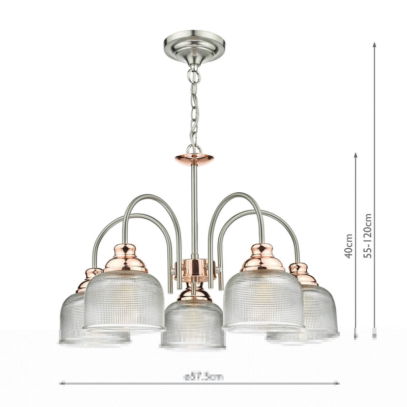Dar Lighting Wharfdale 5lt Pendant Satin Chrome Copper detail Glass Shades • WHA0546