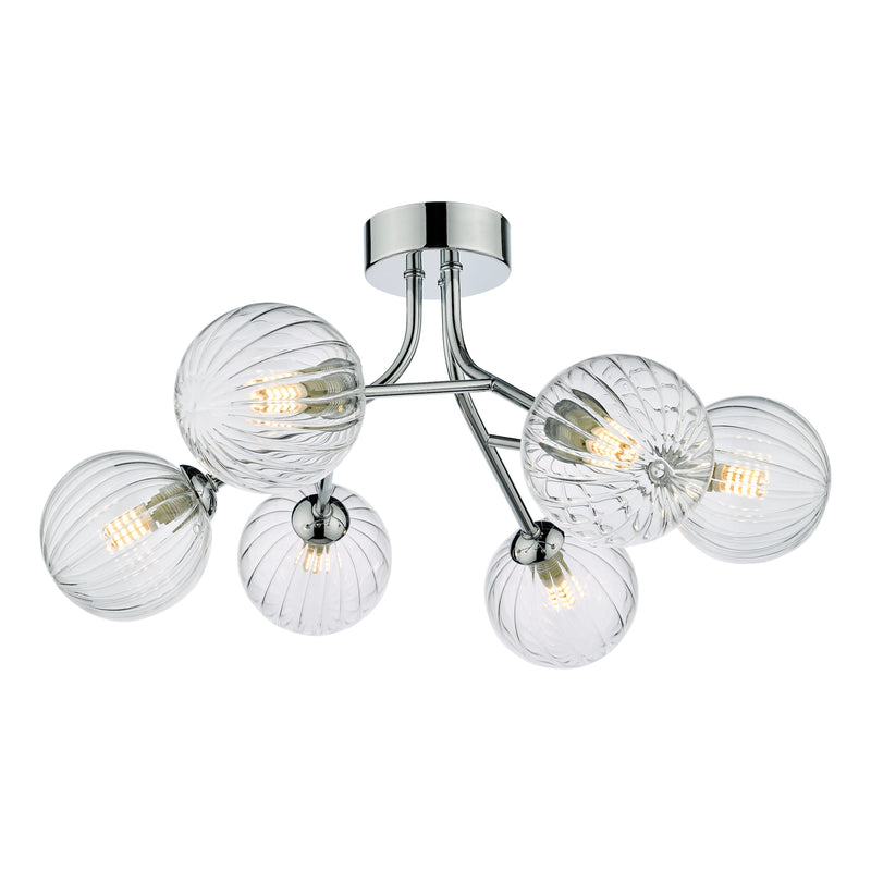 Dar Lighting Yiska 6 Light Semi Flush Polished Chrome Ribbed Glass • YIS6450