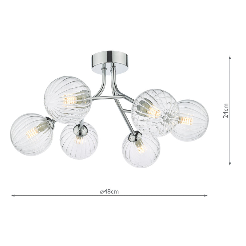 Dar Lighting Yiska 6 Light Semi Flush Polished Chrome Ribbed Glass • YIS6450