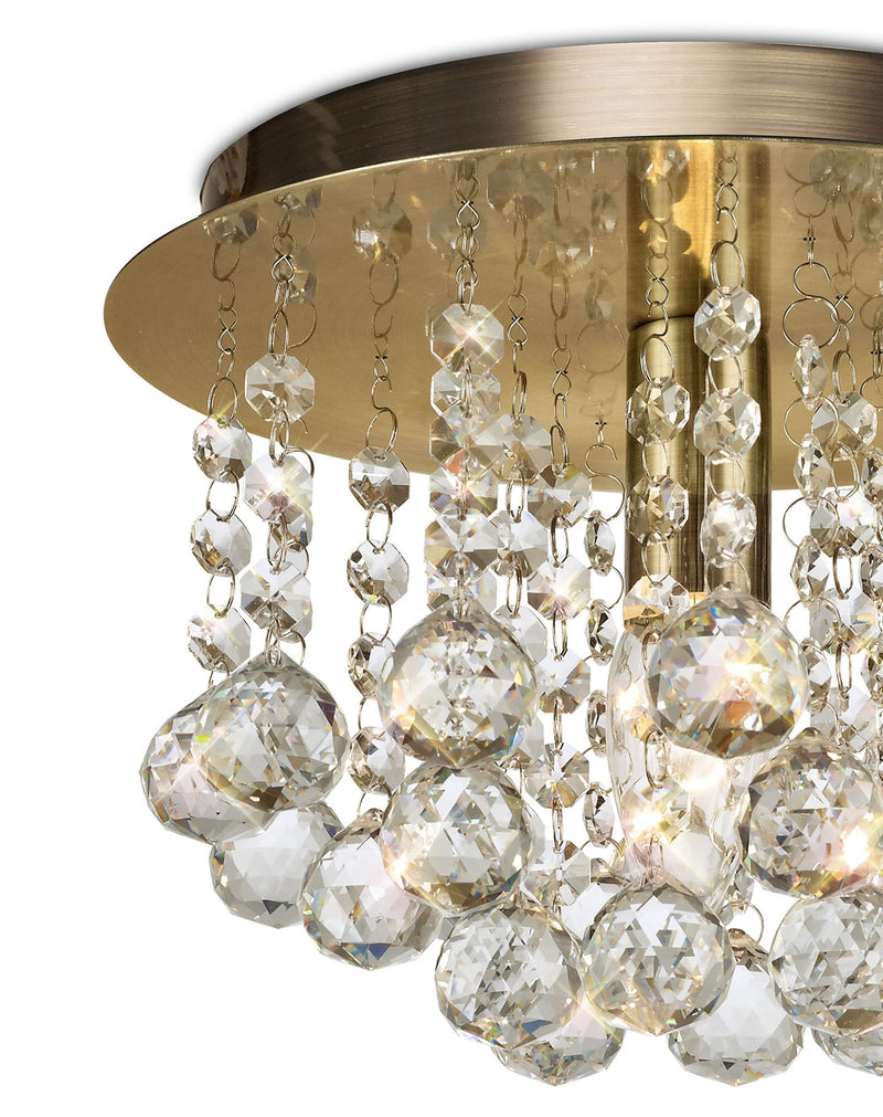 Deco Acton Flush Ceiling 1 Light E14, 250mm Round, Antique Brass/Sphere Crystal • D0185