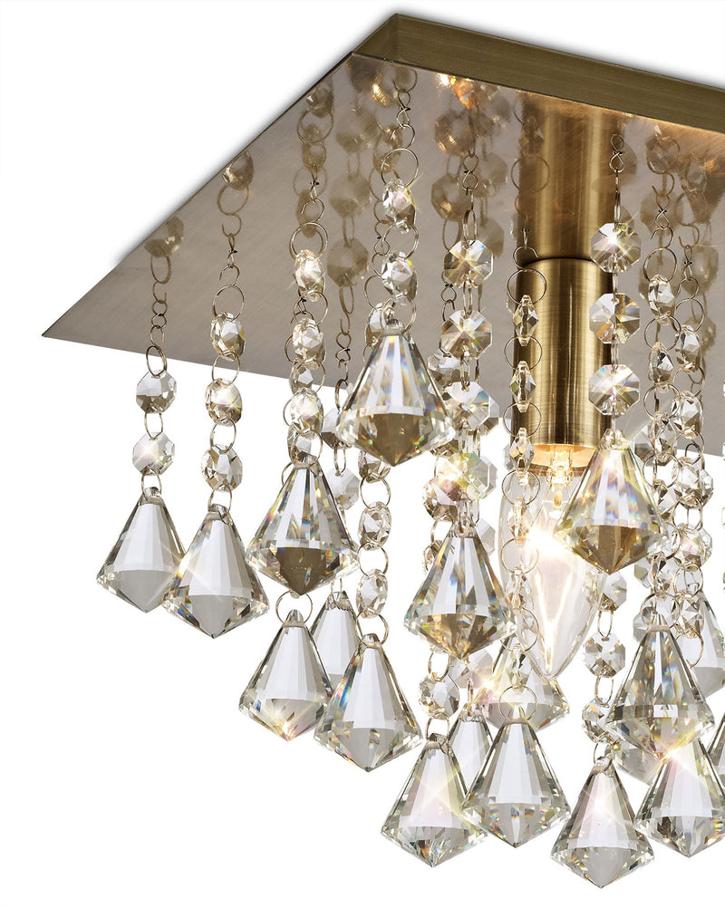 Deco Acton Flush Ceiling 1 Light E14, 250mm Square, Antique Brass/Prism Crystal • D0186