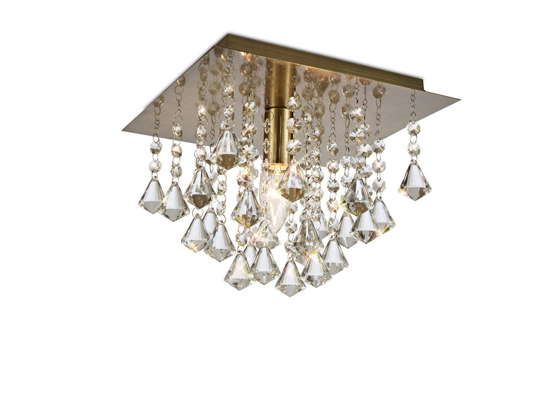 Deco Acton Flush Ceiling 1 Light E14, 250mm Square, Antique Brass/Prism Crystal • D0186