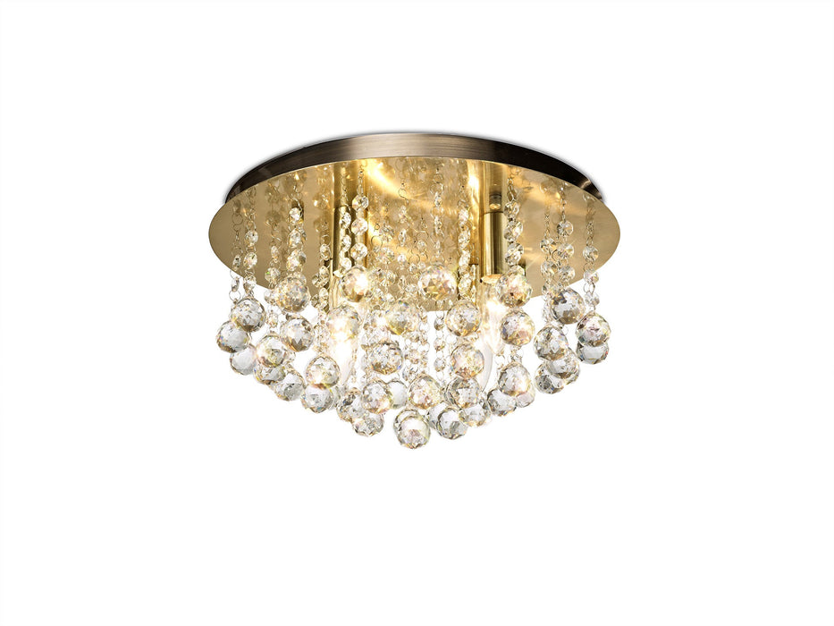 Deco Acton Flush Ceiling 4 Light E14, 380mm Round, Antique Brass/Sphere Crystal • D0187