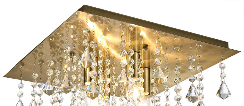 Deco Acton Flush Ceiling 4 Light E14, 380mm Square, Antique Brass/Prism Crystal • D0188