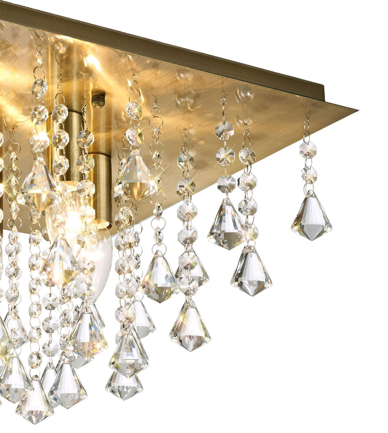 Deco Acton Flush Ceiling 4 Light E14, 380mm Square, Antique Brass/Prism Crystal • D0188