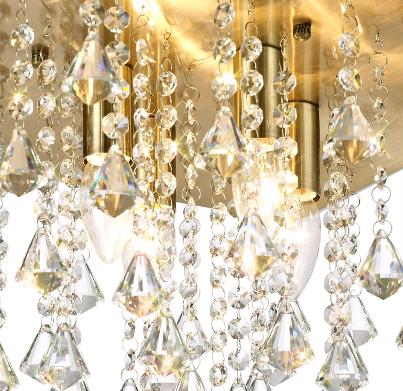 Deco Acton Flush Ceiling 4 Light E14, 380mm Square, Antique Brass/Prism Crystal • D0188