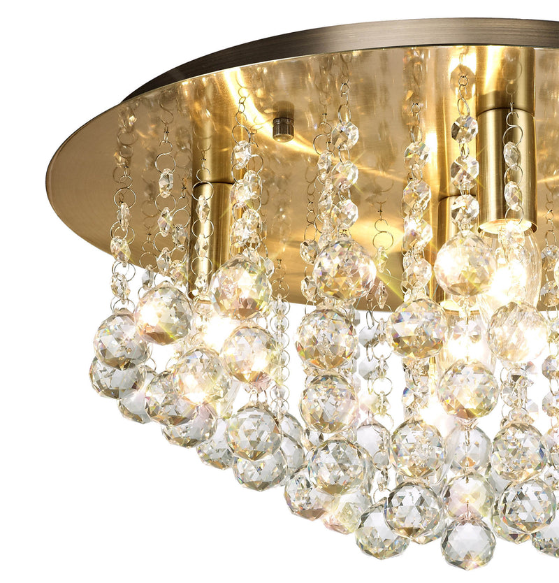 Deco Acton Flush Ceiling 5 Light E14, 460mm Round, Antique Brass/Sphere Crystal • D0189