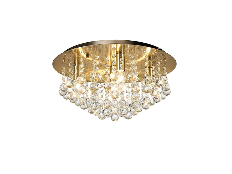 Deco Acton Flush Ceiling 5 Light E14, 460mm Round, Antique Brass/Sphere Crystal • D0189