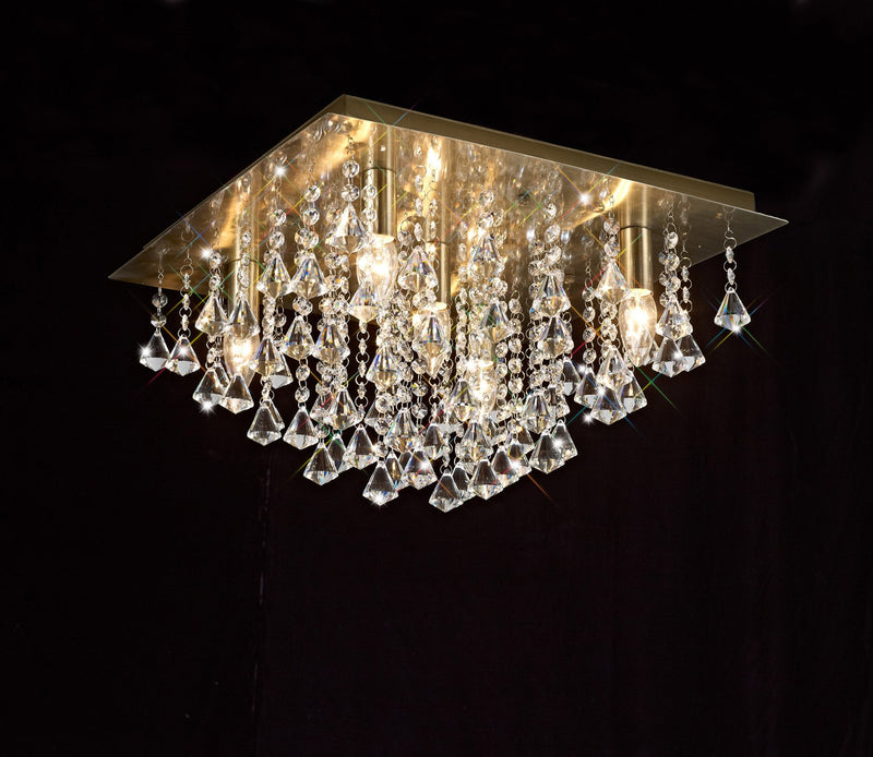 Deco Acton Flush Ceiling 5 Light E14, 460mm Square, Antique Brass/Prism Crystal • D0190