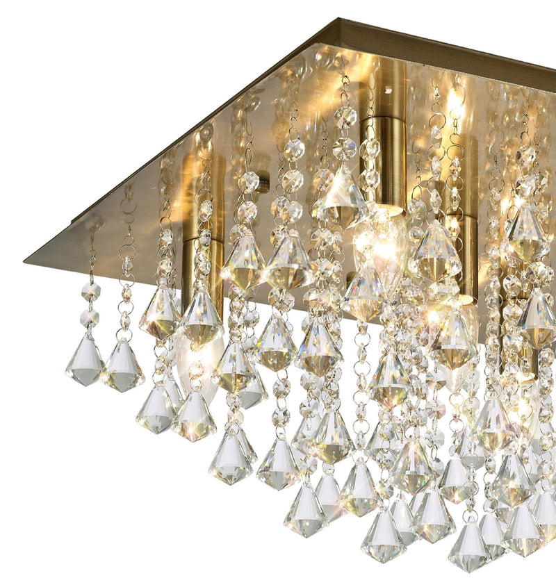 Deco Acton Flush Ceiling 5 Light E14, 460mm Square, Antique Brass/Prism Crystal • D0190