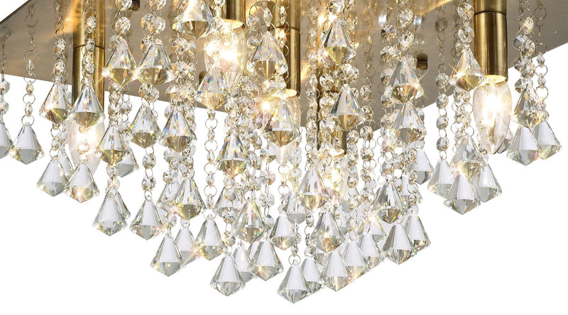 Deco Acton Flush Ceiling 5 Light E14, 460mm Square, Antique Brass/Prism Crystal • D0190