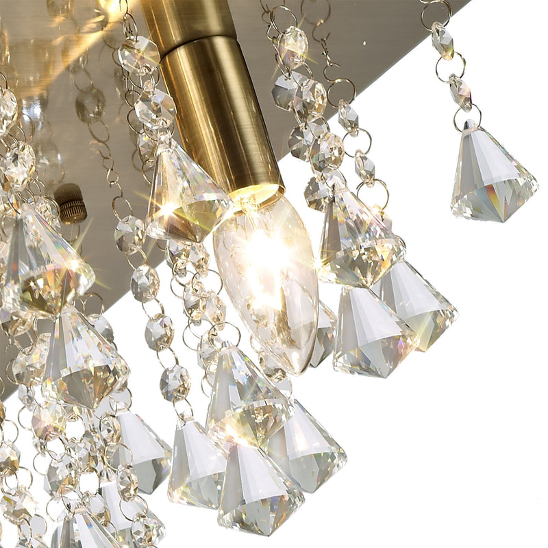 Deco Acton Flush Ceiling 5 Light E14, 460mm Square, Antique Brass/Prism Crystal • D0190