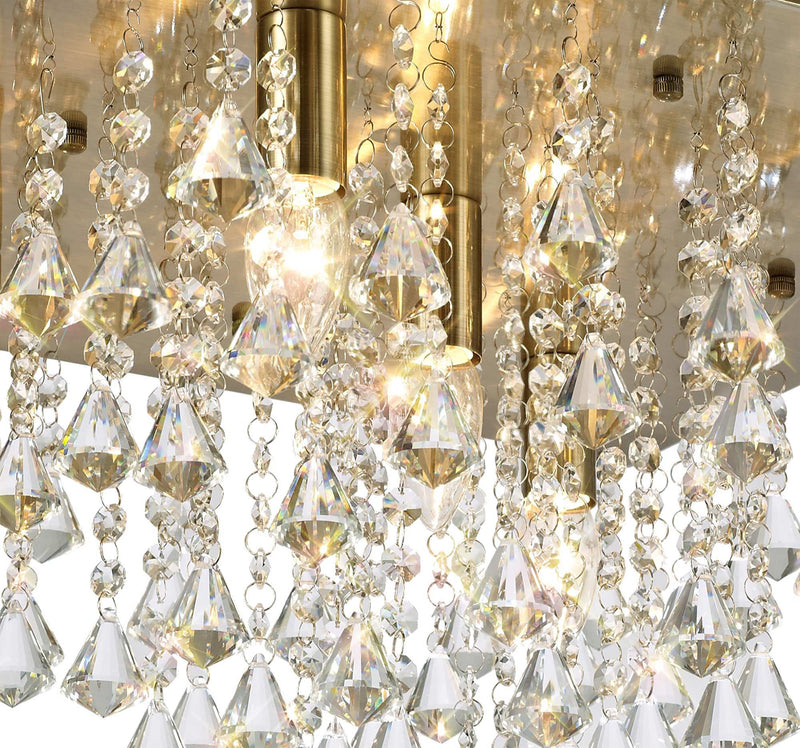 Deco Acton Flush Ceiling 5 Light E14, 460mm Square, Antique Brass/Prism Crystal • D0190