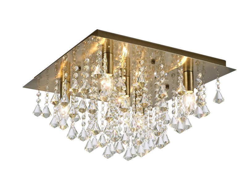Deco Acton Flush Ceiling 5 Light E14, 460mm Square, Antique Brass/Prism Crystal • D0190