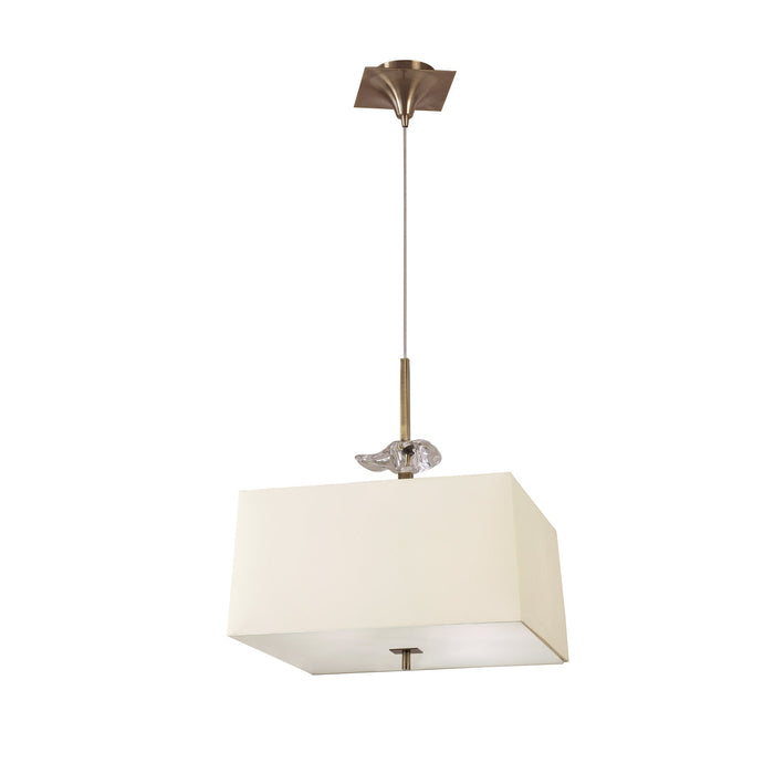 Mantra M0784AB Akira Square Pendant 4 Light E27, Antique Brass/Frosted Glass With Cream Shade • M0784AB