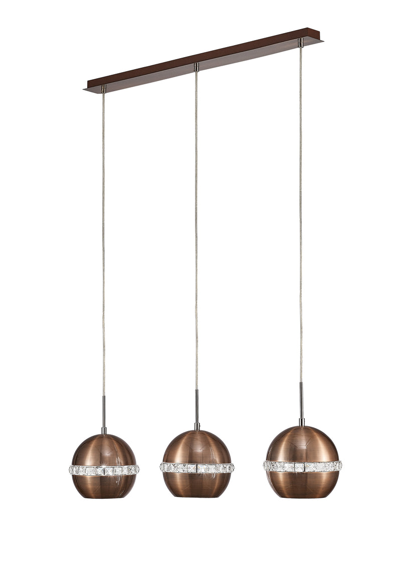 Diyas Andrea Pendant 3 Light E27 Linear Satin Copper/Crystal • IL31611