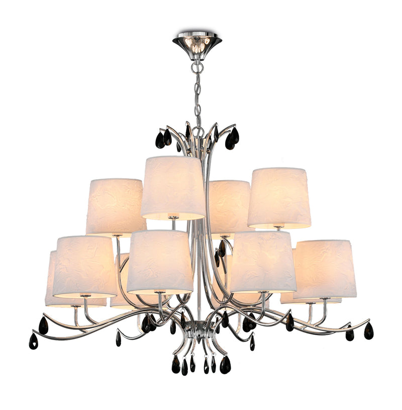Mantra M6310 Andrea Pendant 100cm Round, 8+4 x E14 (Max 20W), Polished Chrome, White Shades, Black Crystal Droplets • M6310