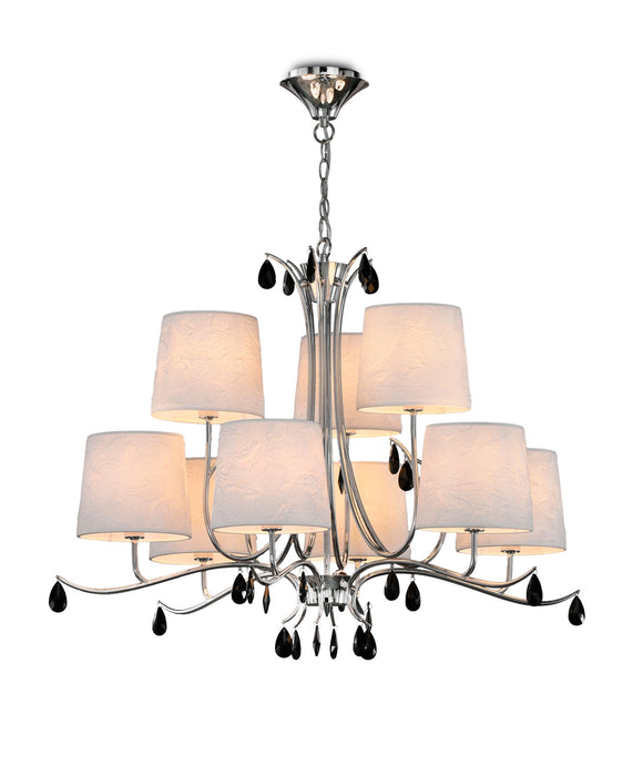 Mantra M6311 Andrea Pendant 88cm Round, 6+3 x E14 (Max 20W), Polished Chrome, White Shades, Black Crystal Droplets • M6311