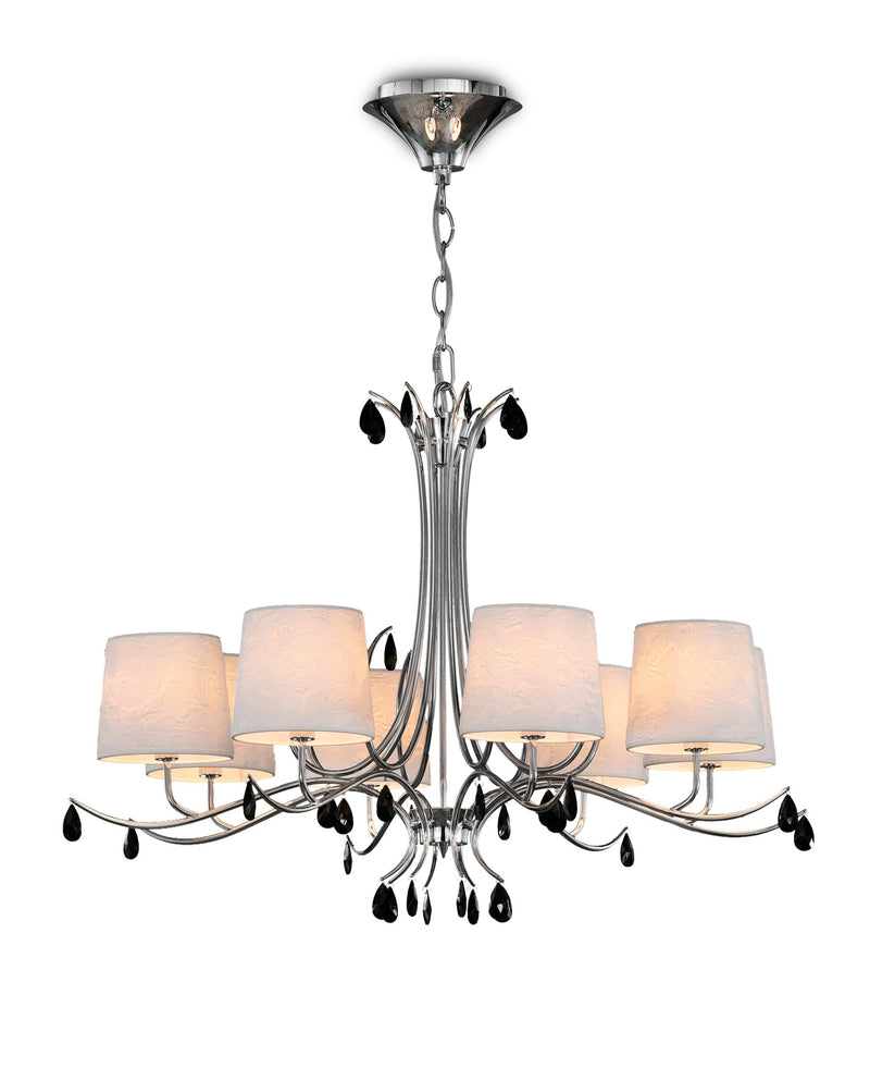 Mantra M6312 Andrea Pendant 100cm Round, 8 x E14 (Max 20W), Polished Chrome, White Shades, Black Crystal Droplets • M6312