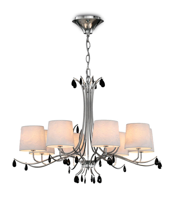 Mantra M6312 Andrea Pendant 100cm Round, 8 x E14 (Max 20W), Polished Chrome, White Shades, Black Crystal Droplets • M6312