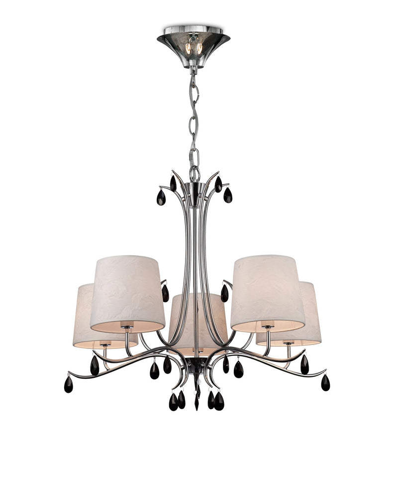 Mantra M6314 Andrea Pendant 81.5cm Round, 5 x E14 (Max 20W), Polished Chrome, White Shades, Black Crystal Droplets • M6314