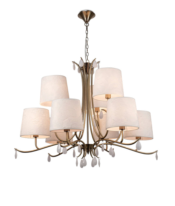 Mantra M6331 Andrea Pendant 88cm Round, 6+3 x E14 (Max 20W), Antique Brass, White Shades, White Crystal Droplets • M6331