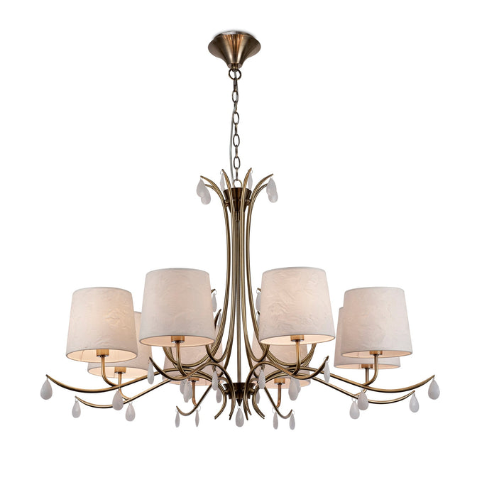 Mantra M6332 Andrea Pendant 100cm Round, 8 x E14 (Max 20W), Antique Brass, White Shades, White Crystal Droplets • M6332