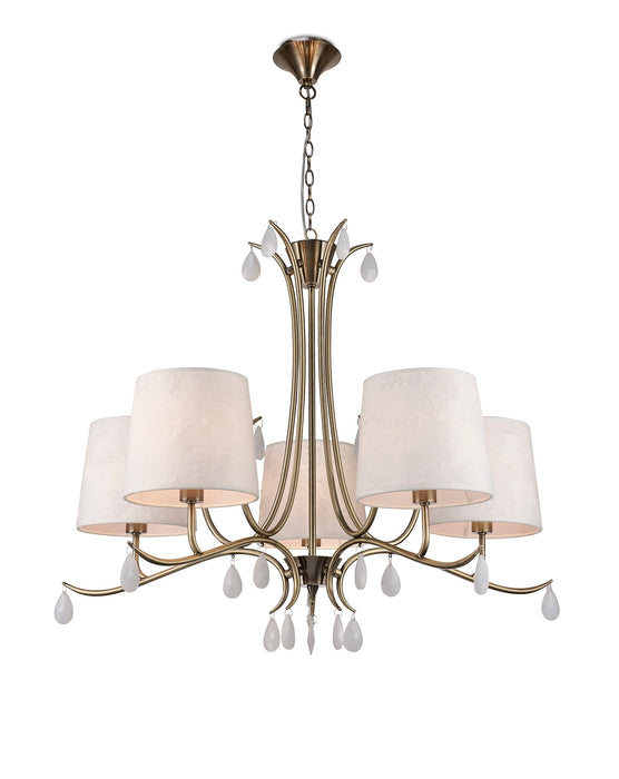 Mantra M6334 Andrea Pendant 81.5cm Round, 5 x E14 (Max 20W), Antique Brass, White Shades, White Crystal Droplets • M6334