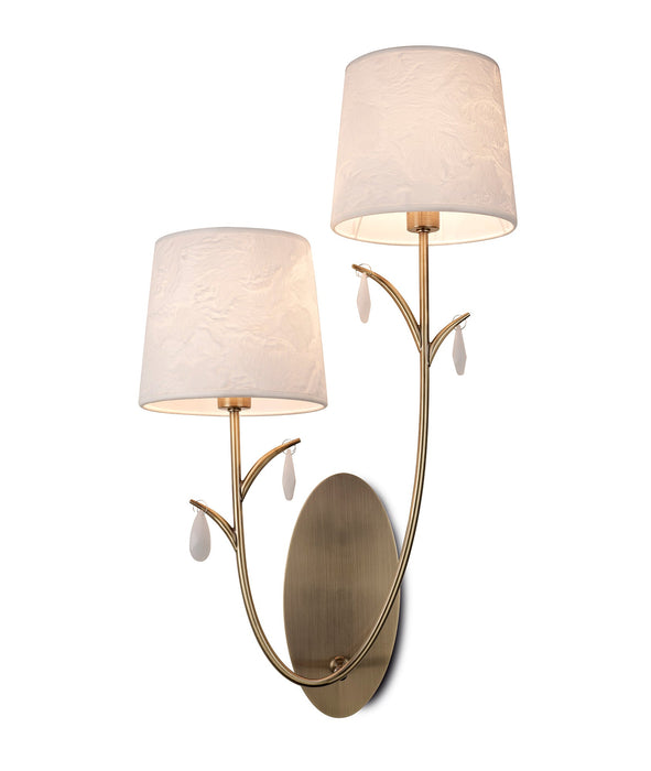 Mantra M6336 Andrea Wall Light, 2 x E14 (Max 20W), Antique Brass, White Shades, White Crystal Droplets • M6336