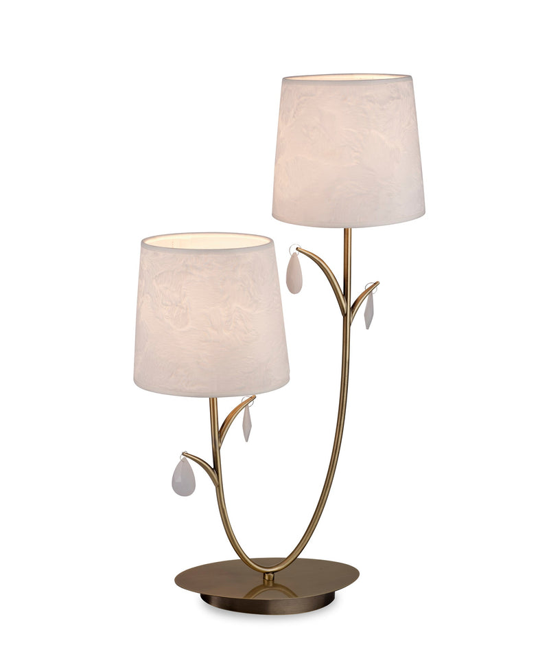 Mantra M6338 Andrea Table Lamp 63cm, 2 x E14 (Max 20W), Antique Brass, White Shades, White Crystal Droplets • M6338