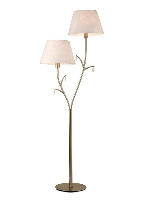 Mantra M6340 Andrea Floor Lamp 175cm, 2 x E14 (Max 20W), Antique Brass, White Shades, White Crystal Droplets • M6340