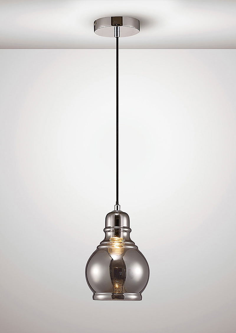 Deco Ariel Single Small Pendant 1 Light E27 Polished Chrome/Smoke Glass • D0096