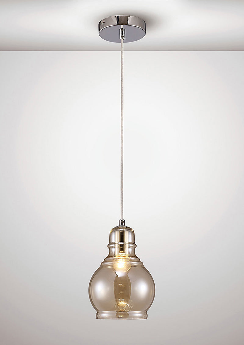 Deco Ariel Single Small Pendant 1 Light E27 Polished Chrome/Cognac Glass • D0097