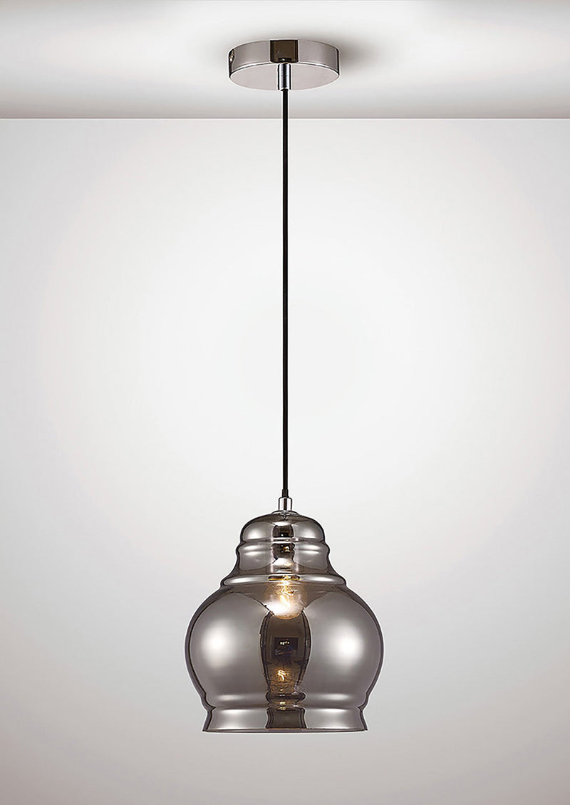 Deco Ariel Single Large Pendant 1 Light E27 Polished Chrome/Smoke Glass • D0098